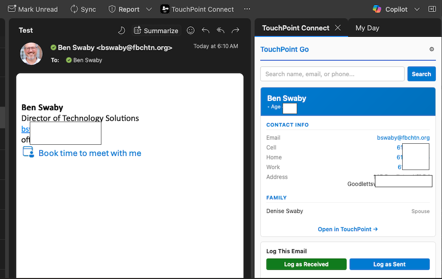 TouchPoint Go Outlook sidebar